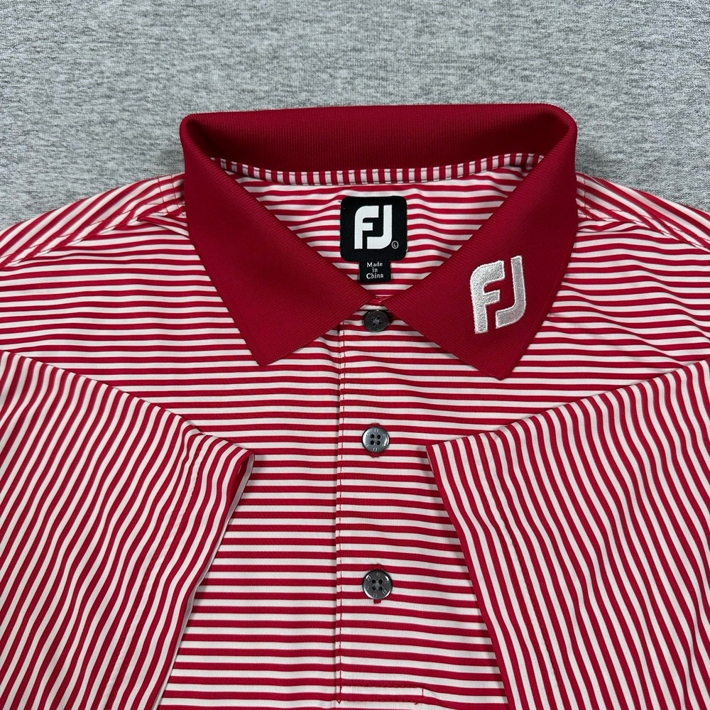Footjoy Polo Shirt Mens Large Red Striped Performance Stretch Golf Tour Logo